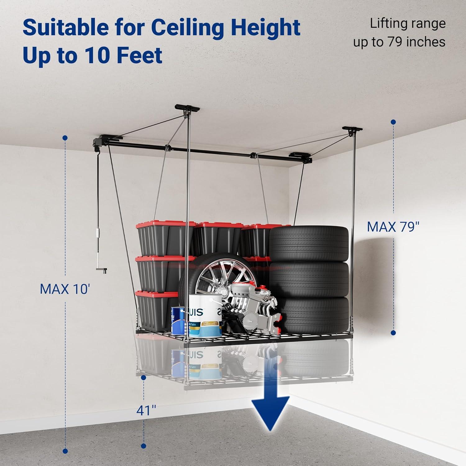 image:imageFLEXIMOUNTS Garage Lifting Metal Rack 4x4 Ft Overhead Garage Storage Racks Adjustable HeavyDuty Ceiling Organization System 300lbs Weight Satin Black