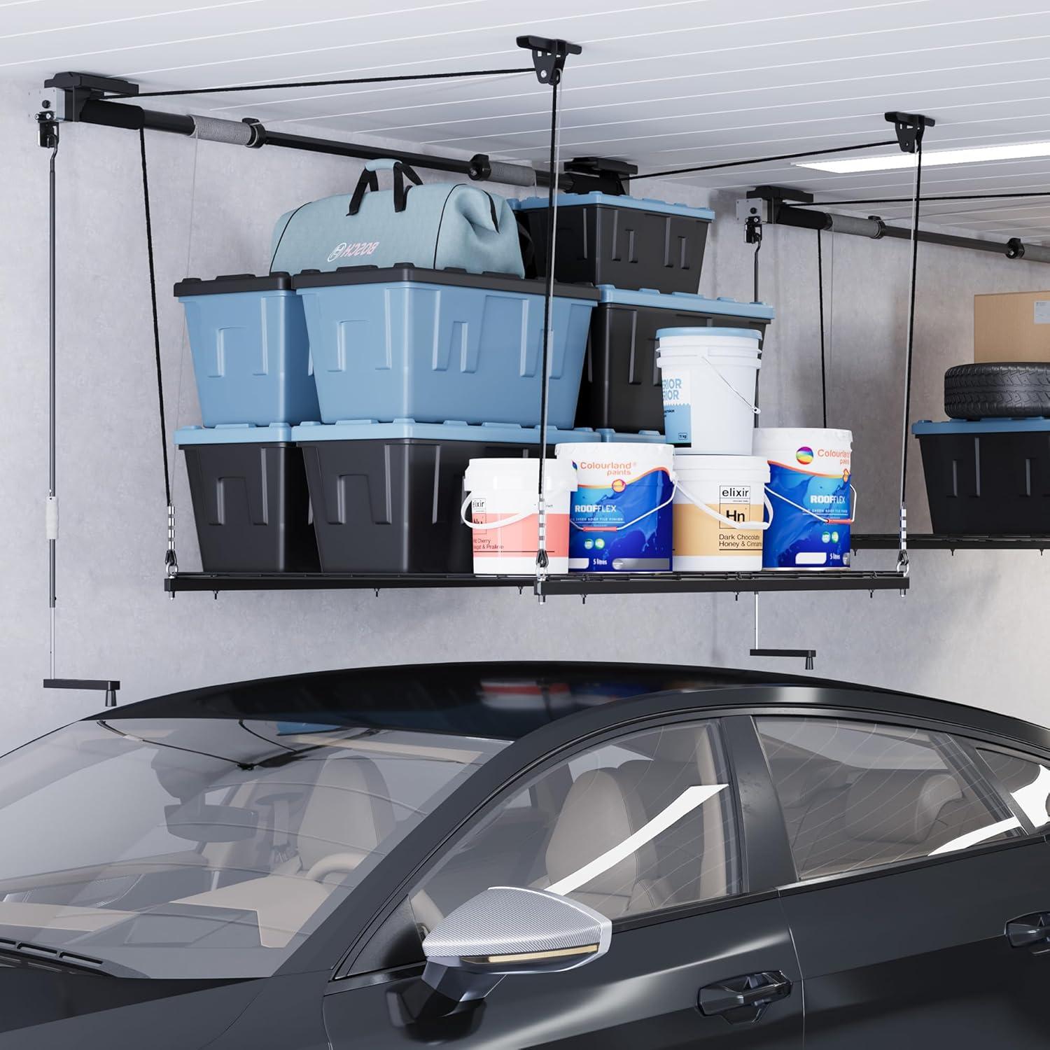 image:imageFLEXIMOUNTS Garage Lifting Metal Rack 4x4 Ft Overhead Garage Storage Racks Adjustable HeavyDuty Ceiling Organization System 300lbs Weight Satin Black