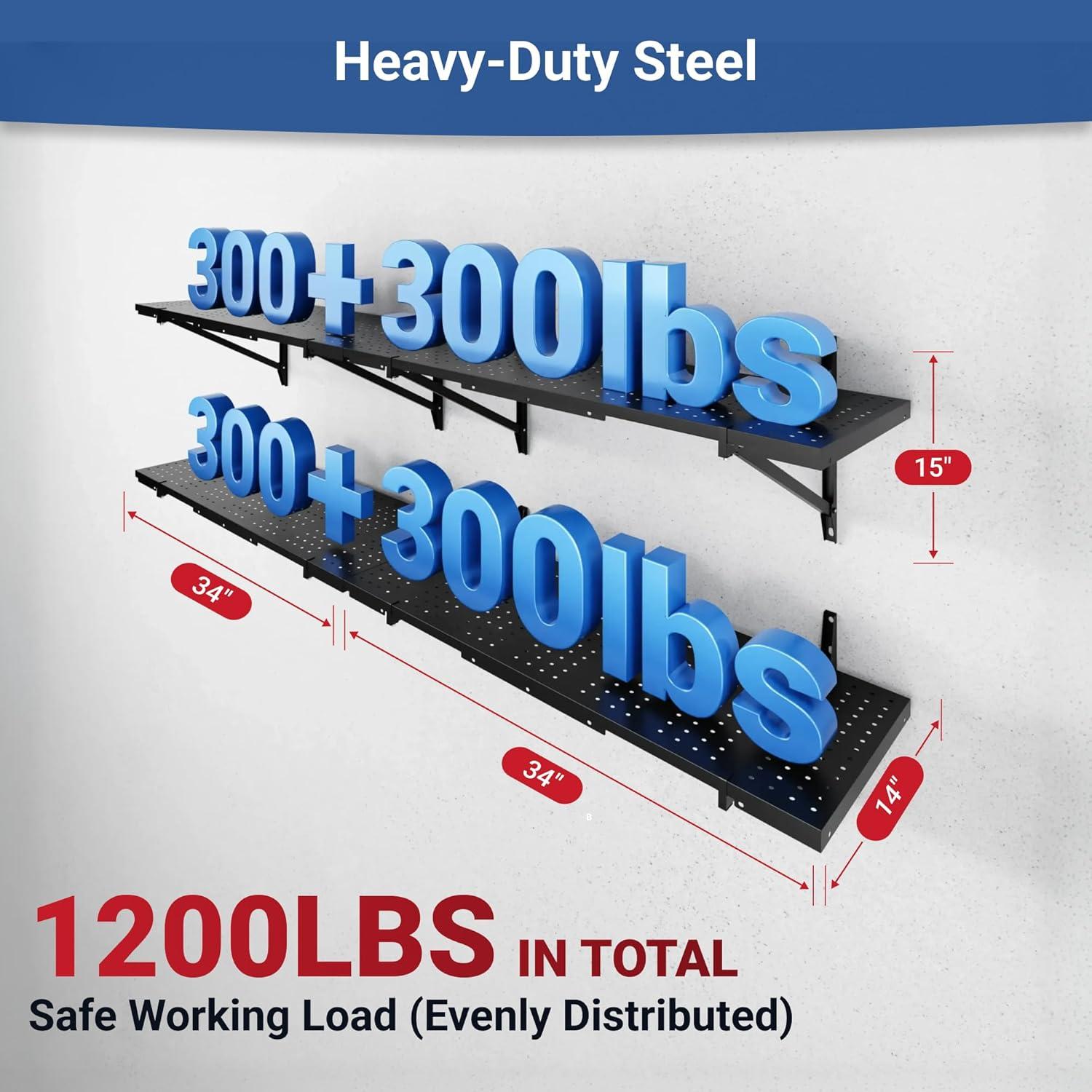 image:imageFLEXIMOUNTS 2Pack 1x3ft Garage Shelving 14inchby34inch Perforated Wall Shelf Heavy Duty Garage Storage Rack with 600 lbs Load Capacity Wall Mounted Organization System for Tools Heavy Bins2pack 1x6ft