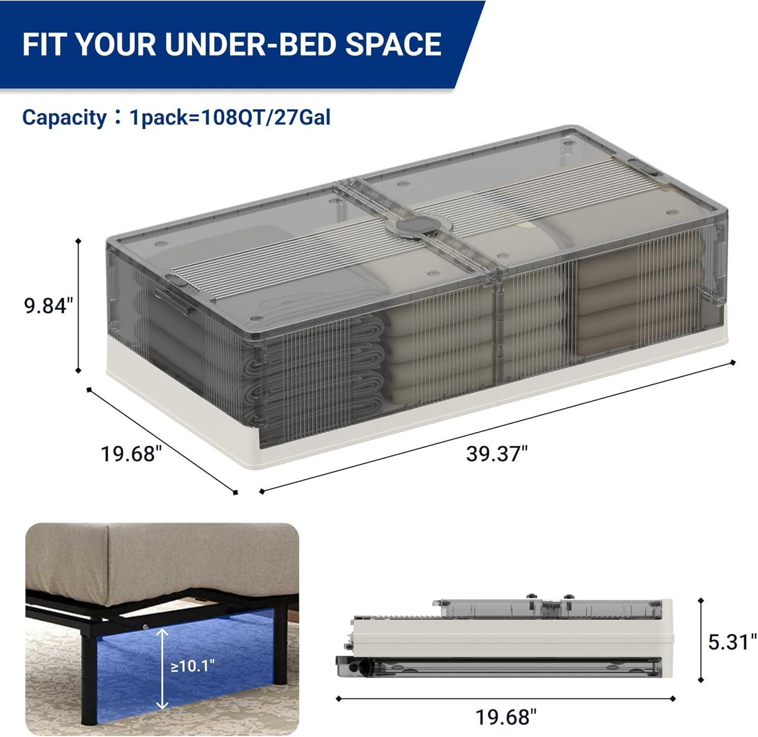 image:imageFLEXIMOUNTS 2Pack Under Bed Storage with Wheels 108 QT Large Collapsible amp Stackable Containers Foldable Organizer Bins for Blankets Shoes Books Bedroom Closet2 pack 27Gal