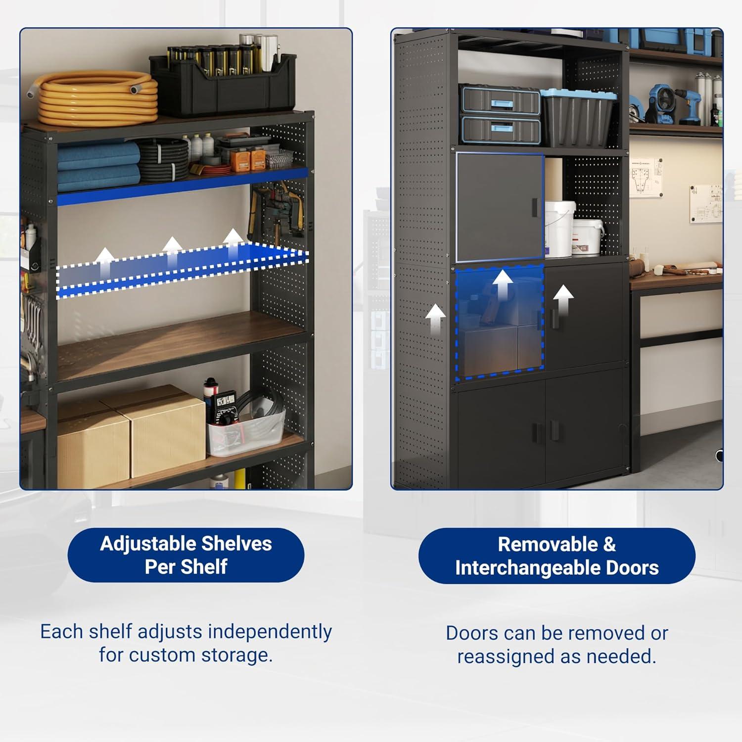 image:imageFLEXIMOUNTS Garage Storage Cabinet System 3in1 Modular Metal Tool Cabinet w Workbench and Metal Board Shelf Includes Pegboard 24Gauge Steel 117L w 8 Doors Black FLEXIMOD SeriesBlack
