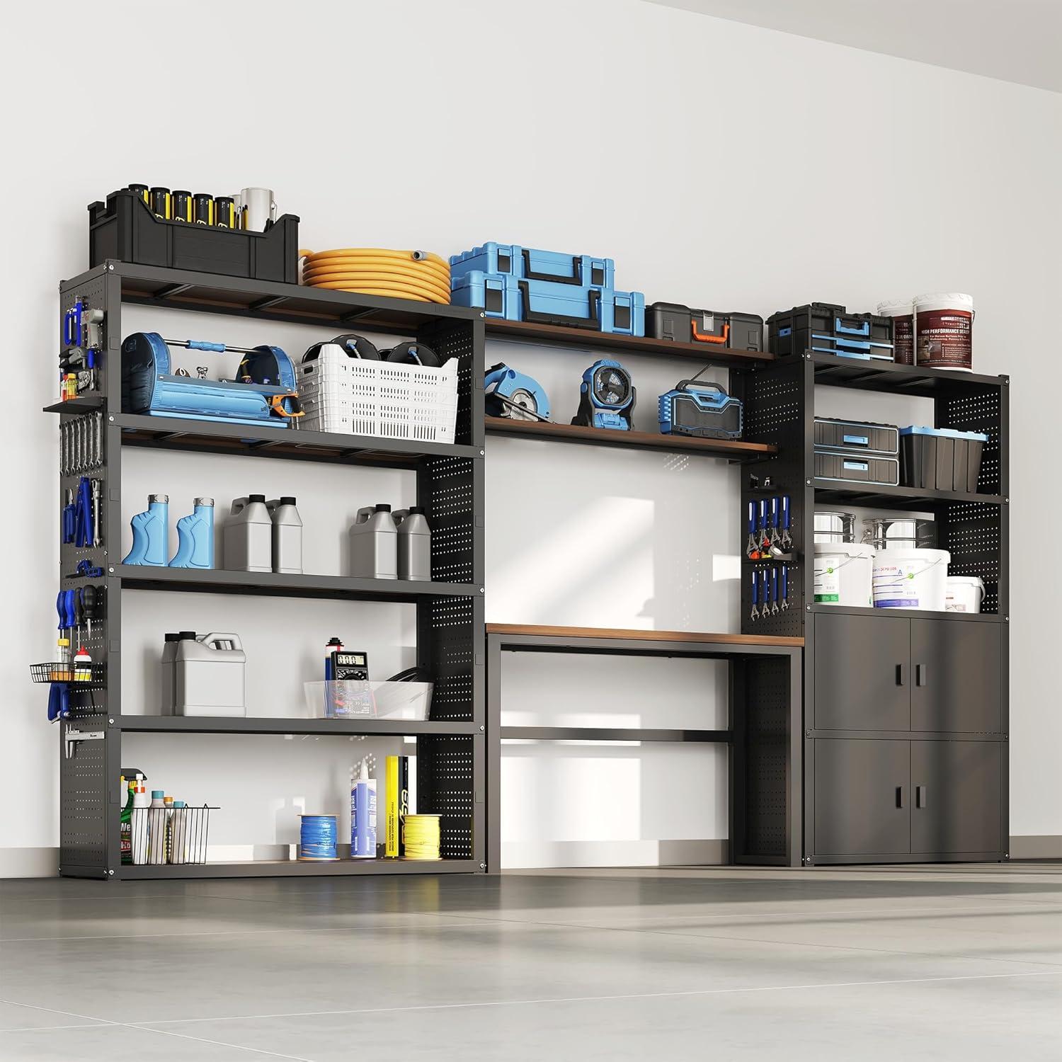 image:imageFLEXIMOUNTS Garage Storage Cabinet System 3in1 Modular Metal Tool Cabinet w Workbench and Metal Board Shelf Includes Pegboard 24Gauge Steel 117L w 8 Doors Black FLEXIMOD SeriesBlack