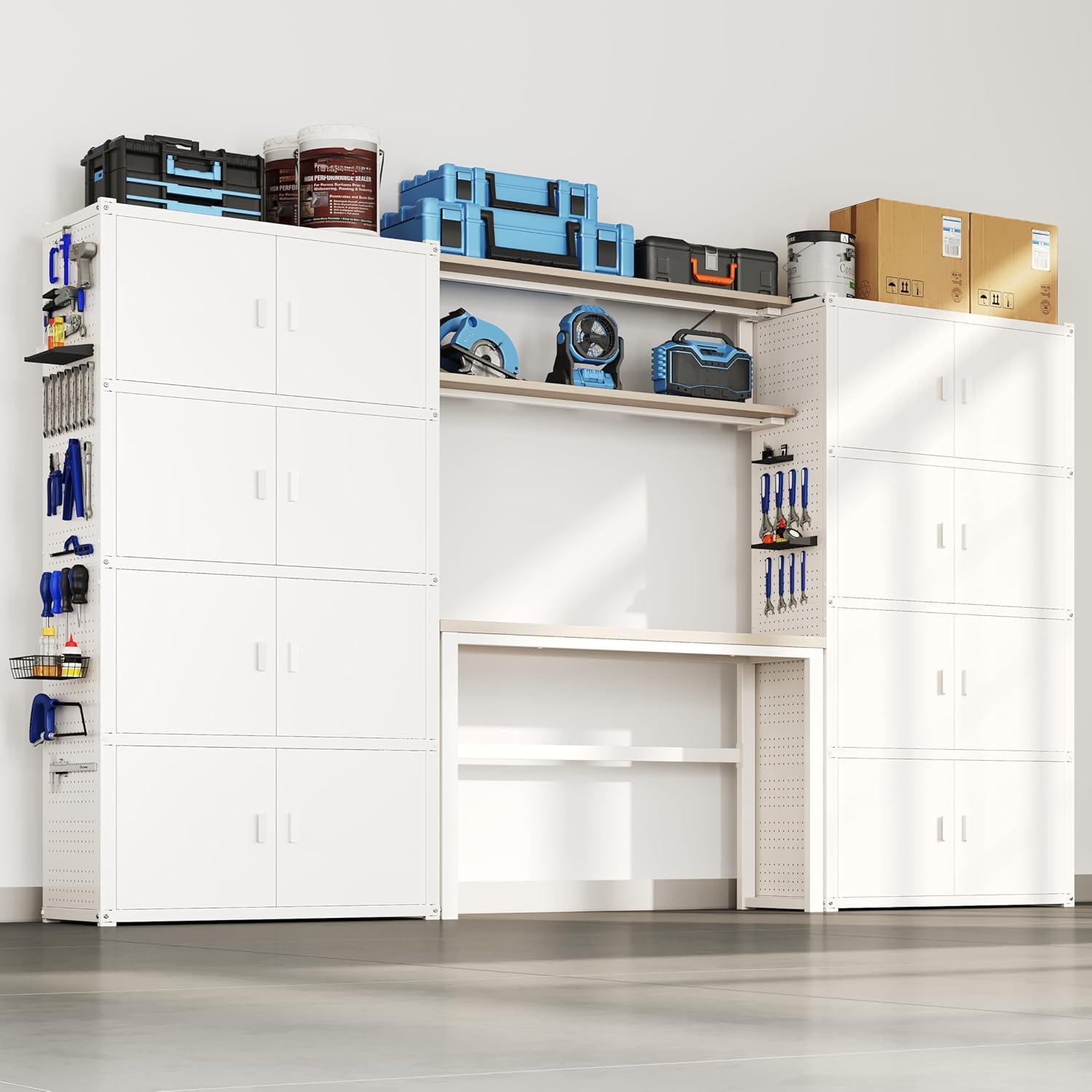 image:imageFLEXIMOUNTS Garage Storage Cabinet System 3in1 Modular Metal Tool Cabinet w Workbench and Metal Board Shelf Includes Pegboard 24Gauge Steel 117L w 8 Doors Black FLEXIMOD SeriesWhite