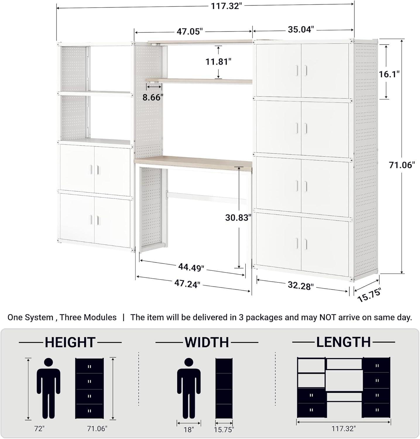 image:imageFLEXIMOUNTS Garage Storage Cabinet System 3in1 Modular Metal Tool Cabinet w Workbench and Metal Board Shelf Includes Pegboard 24Gauge Steel 117L w 8 Doors Black FLEXIMOD SeriesWhite