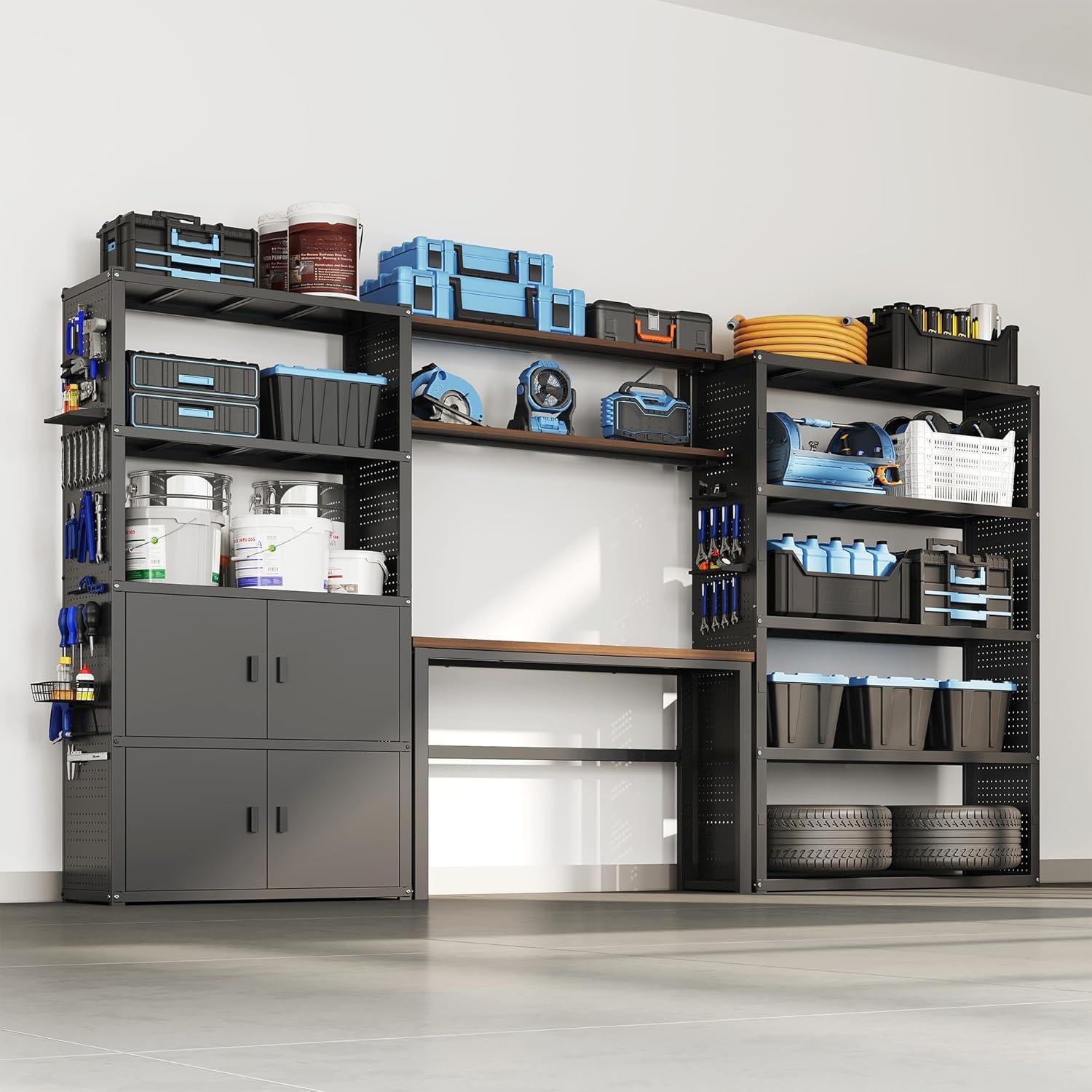 image:imageFLEXIMOUNTS Garage Storage Cabinet System 3in1 Modular Metal Tool Cabinet w Workbench and Metal Board Shelf Includes Pegboard 24Gauge Steel 117L w 8 Doors Black FLEXIMOD SeriesBlack