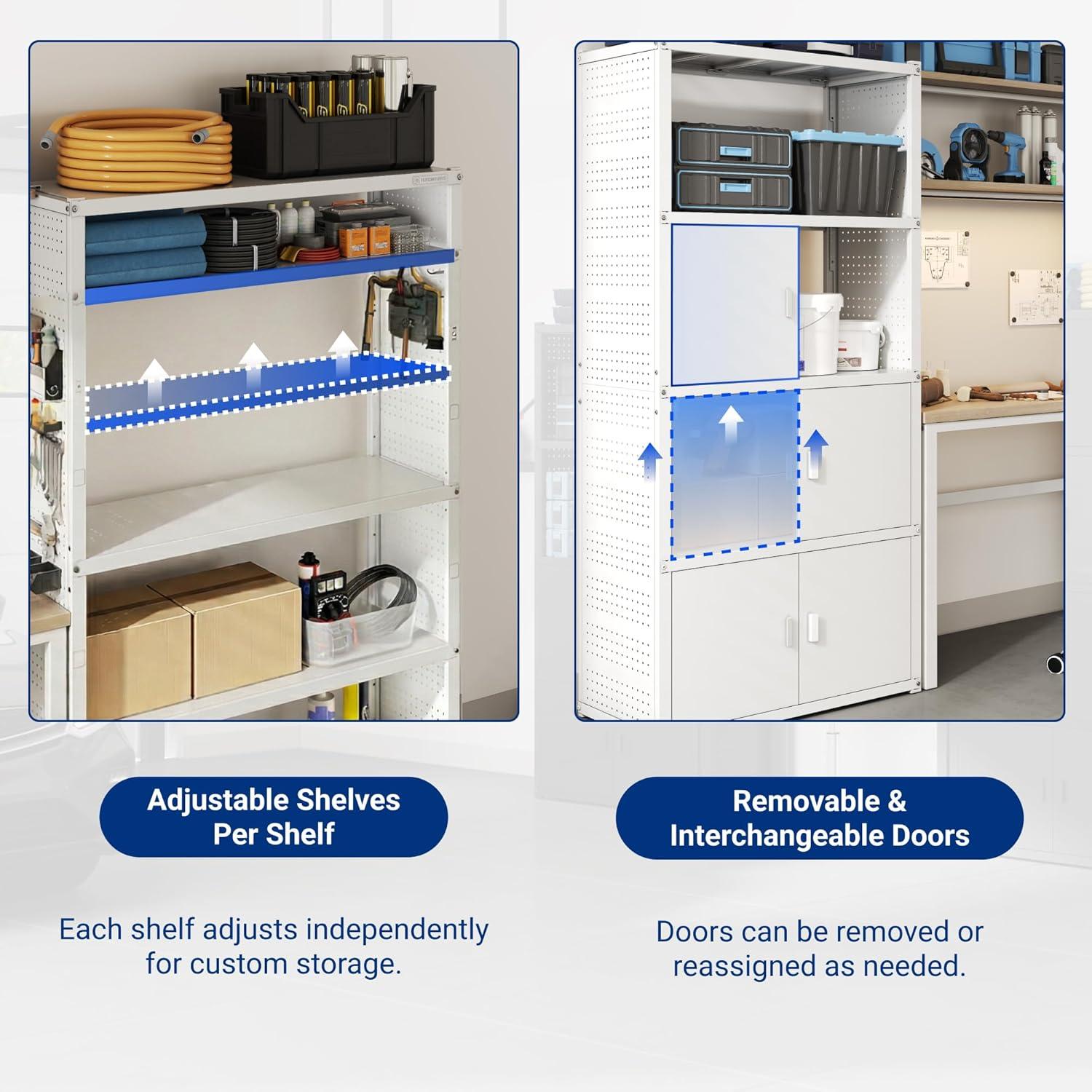 image:imageFLEXIMOUNTS Garage Storage Cabinet System 3in1 Modular Metal Tool Cabinet w Workbench and Metal Board Shelf Includes Pegboard 24Gauge Steel 117L w 8 Doors Black FLEXIMOD SeriesWhite