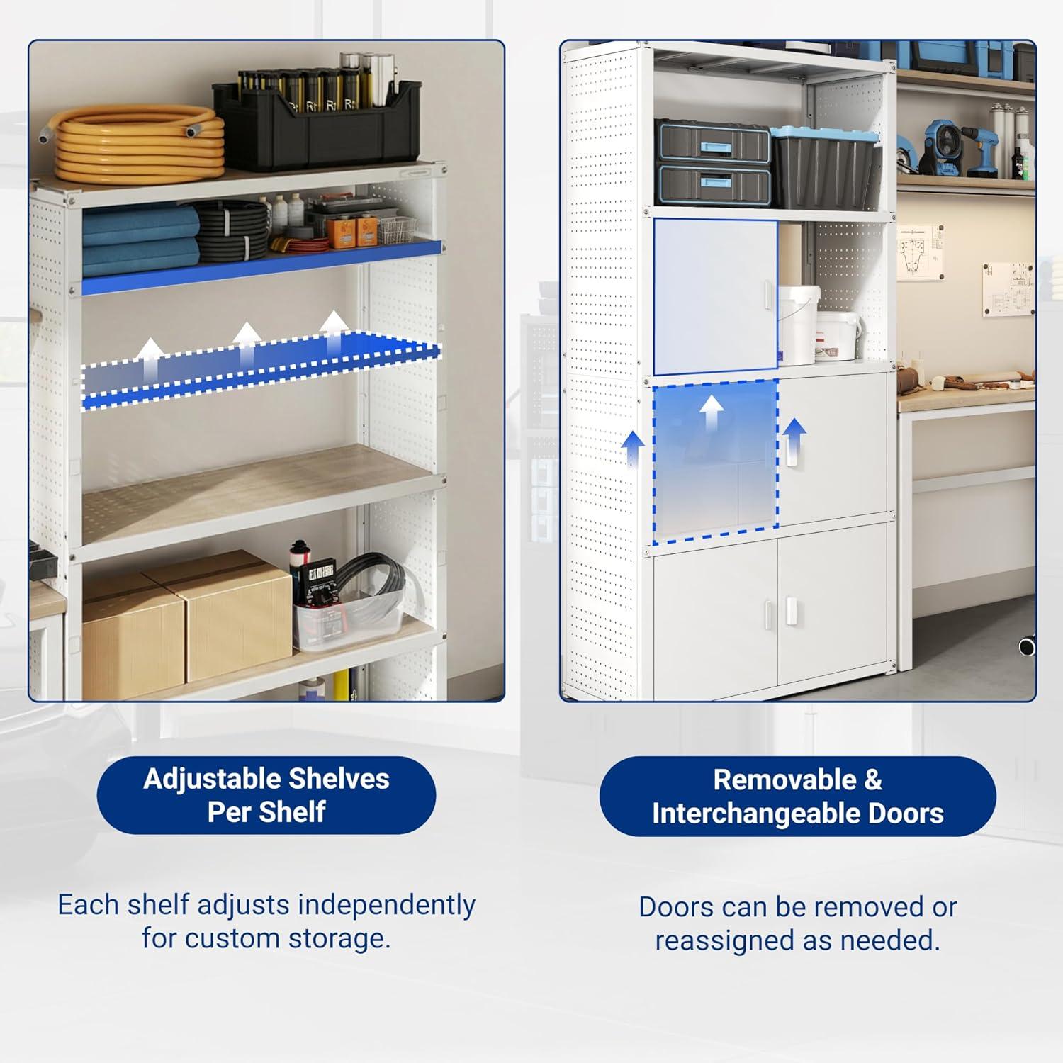 image:imageFLEXIMOUNTS Garage Storage Cabinet System 3in1 Modular Metal Tool Cabinet w Workbench and Metal Board Shelf Includes Pegboard 24Gauge Steel 117L w 8 Doors Black FLEXIMOD SeriesWhite