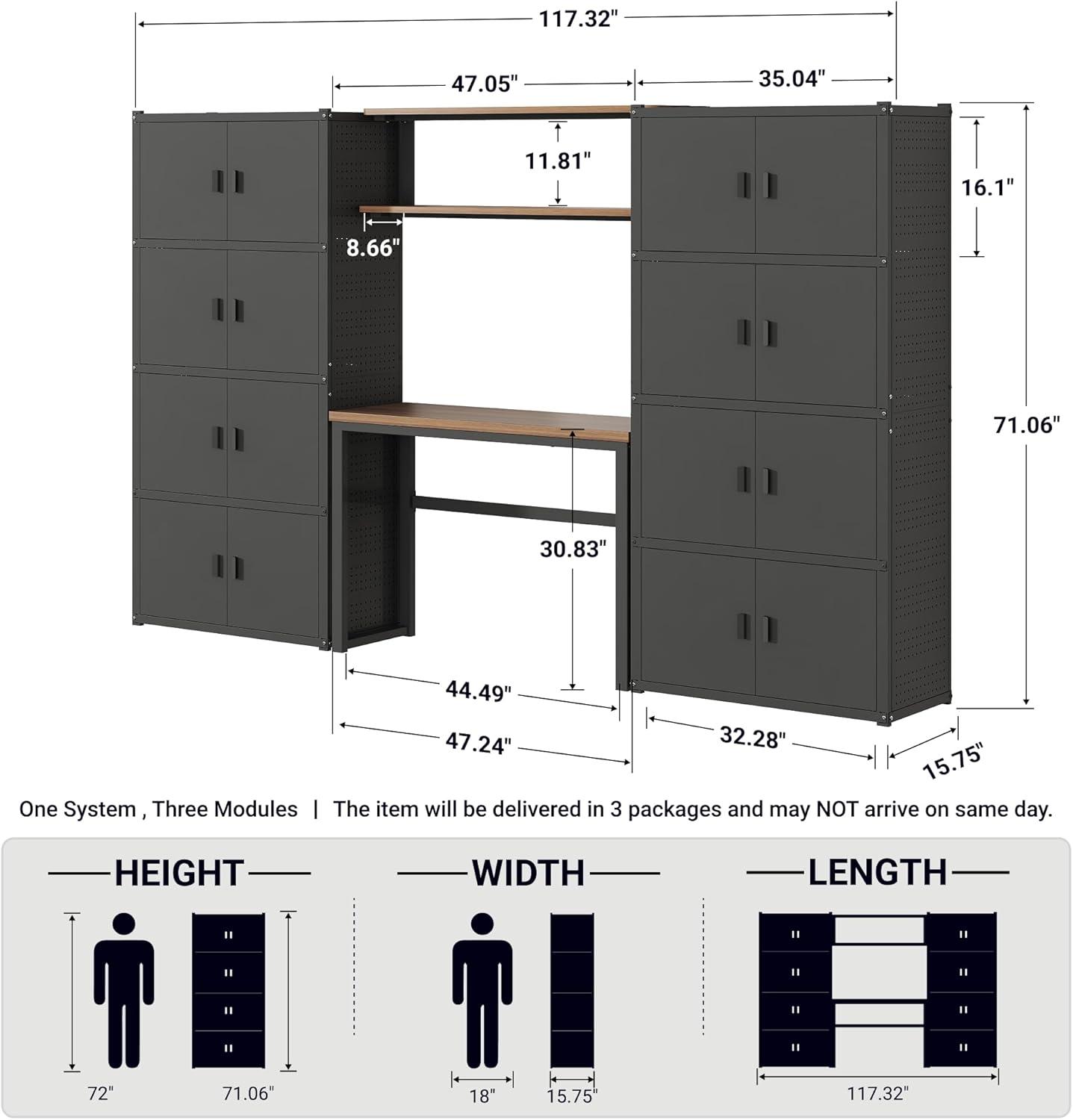 image:imageFLEXIMOUNTS Garage Storage Cabinet System 3in1 Modular Metal Tool Cabinet w Workbench and Metal Board Shelf Includes Pegboard 24Gauge Steel 117L w 8 Doors Black FLEXIMOD SeriesBlack