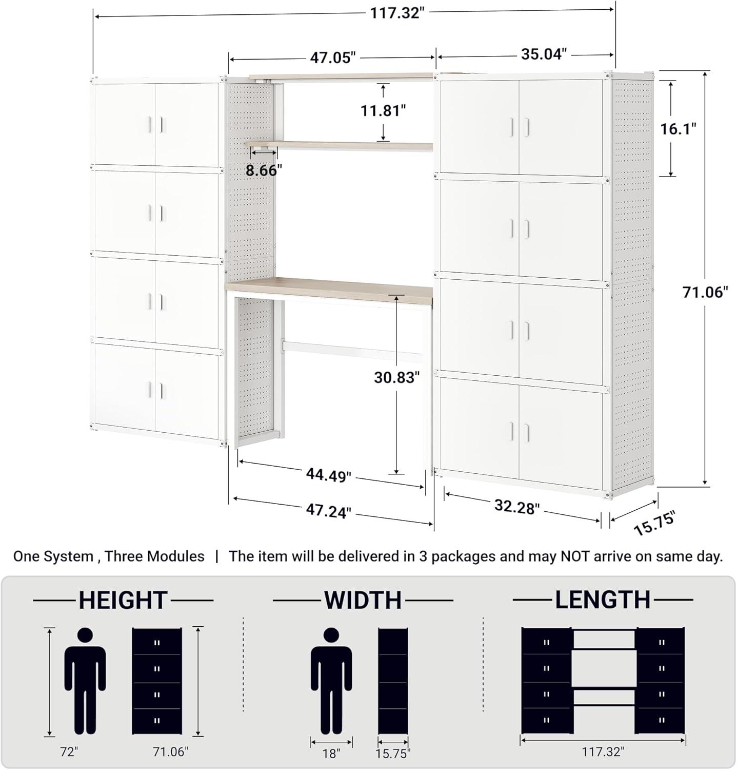 image:imageFLEXIMOUNTS Garage Storage Cabinet System 3in1 Modular Metal Tool Cabinet w Workbench and Metal Board Shelf Includes Pegboard 24Gauge Steel 117L w 8 Doors Black FLEXIMOD SeriesWhite