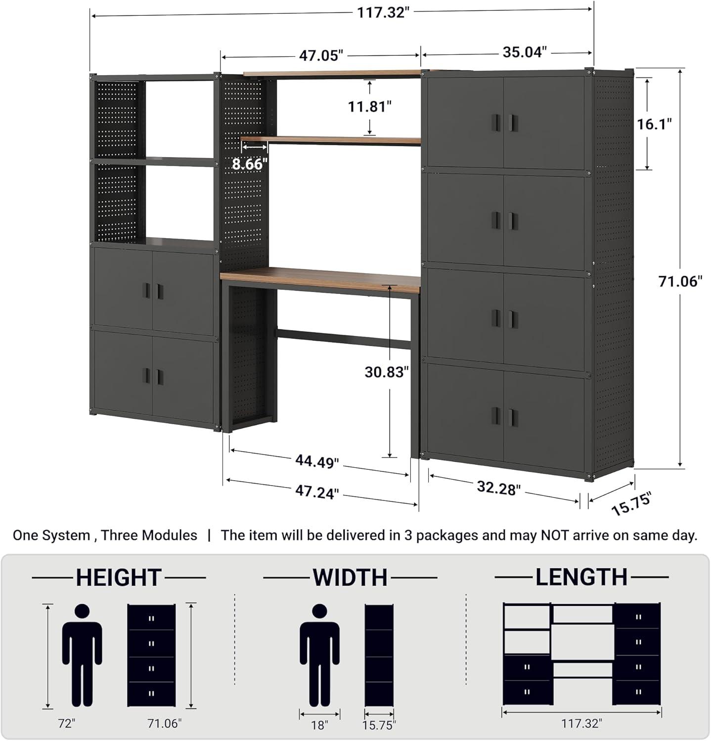 image:imageFLEXIMOUNTS Garage Storage Cabinet System 3in1 Modular Metal Tool Cabinet w Workbench and Metal Board Shelf Includes Pegboard 24Gauge Steel 117L w 8 Doors Black FLEXIMOD SeriesBlack