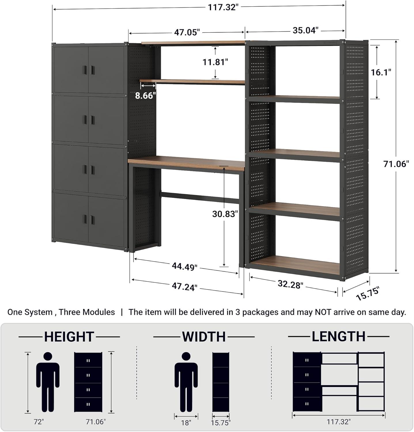 image:imageFLEXIMOUNTS Garage Storage Cabinet System 3in1 Modular Metal Tool Cabinet w Workbench and Metal Board Shelf Includes Pegboard 24Gauge Steel 117L w 8 Doors Black FLEXIMOD SeriesBlack