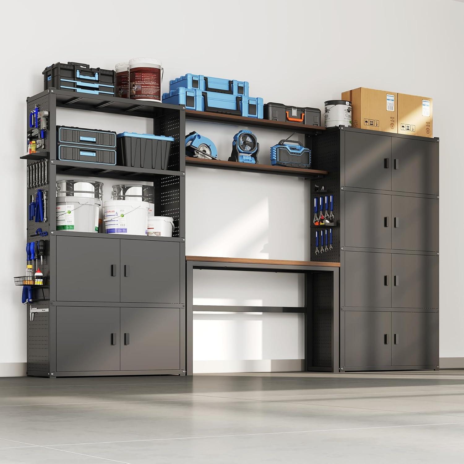 image:imageFLEXIMOUNTS Garage Storage Cabinet System 3in1 Modular Metal Tool Cabinet w Workbench and Metal Board Shelf Includes Pegboard 24Gauge Steel 117L w 8 Doors Black FLEXIMOD SeriesBlack