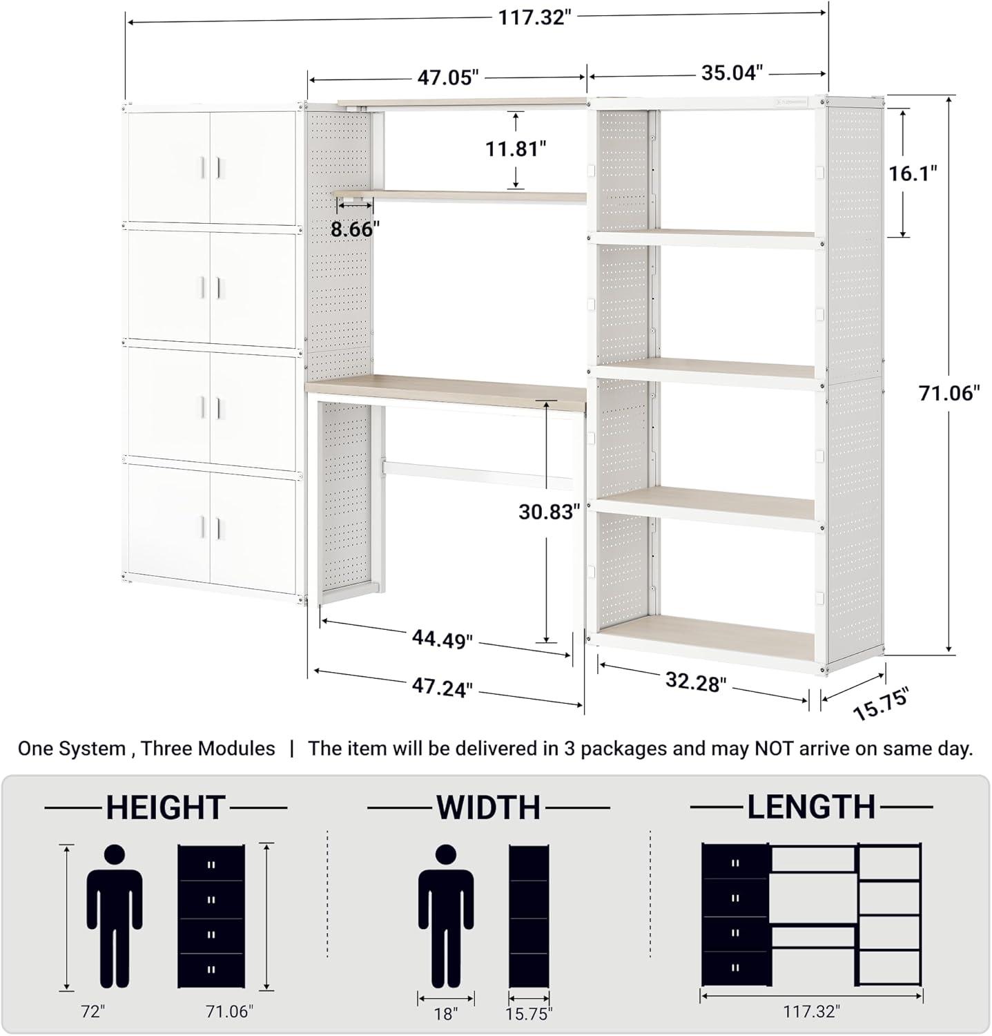 image:imageFLEXIMOUNTS Garage Storage Cabinet System 3in1 Modular Metal Tool Cabinet w Workbench and Metal Board Shelf Includes Pegboard 24Gauge Steel 117L w 8 Doors Black FLEXIMOD SeriesWhite