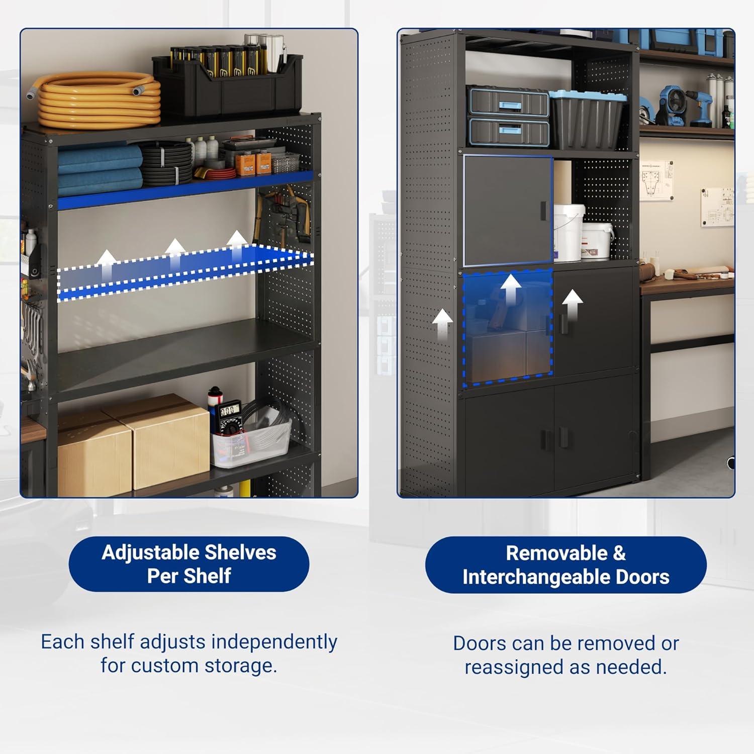 image:imageFLEXIMOUNTS Garage Storage Cabinet System 3in1 Modular Metal Tool Cabinet w Workbench and Metal Board Shelf Includes Pegboard 24Gauge Steel 117L w 8 Doors Black FLEXIMOD SeriesBlack