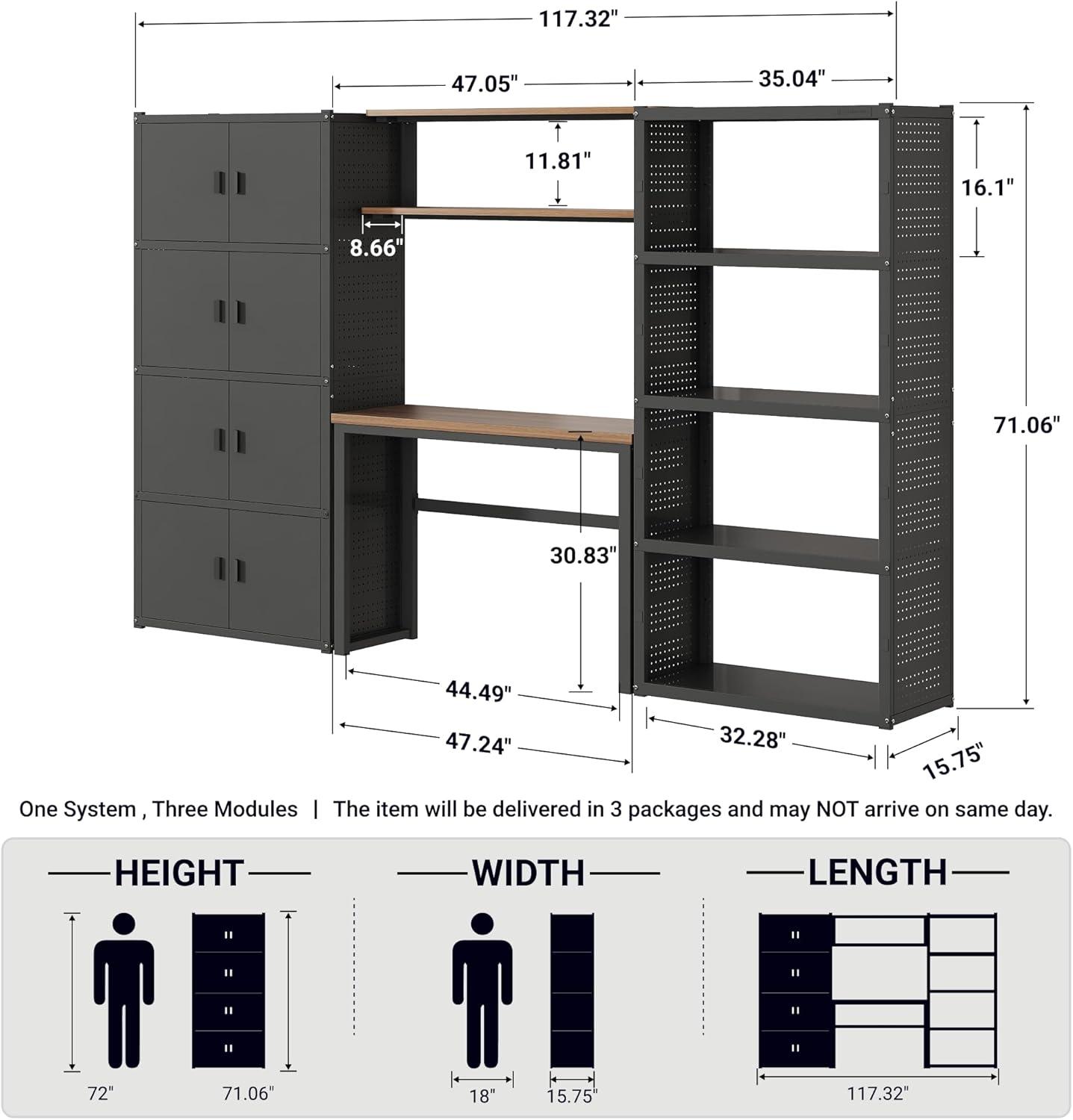 image:imageFLEXIMOUNTS Garage Storage Cabinet System 3in1 Modular Metal Tool Cabinet w Workbench and Metal Board Shelf Includes Pegboard 24Gauge Steel 117L w 8 Doors Black FLEXIMOD SeriesBlack