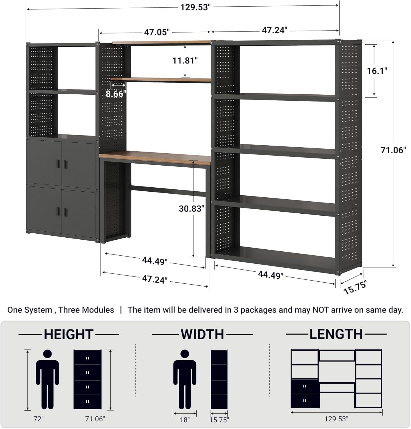 image:imageFLEXIMOUNTS Garage Storage Cabinet System 3in1 Modular Metal Tool Cabinet w Workbench and Metal Board Shelf Includes Pegboard 24Gauge Steel 117L w 8 Doors Black FLEXIMOD SeriesBlack
