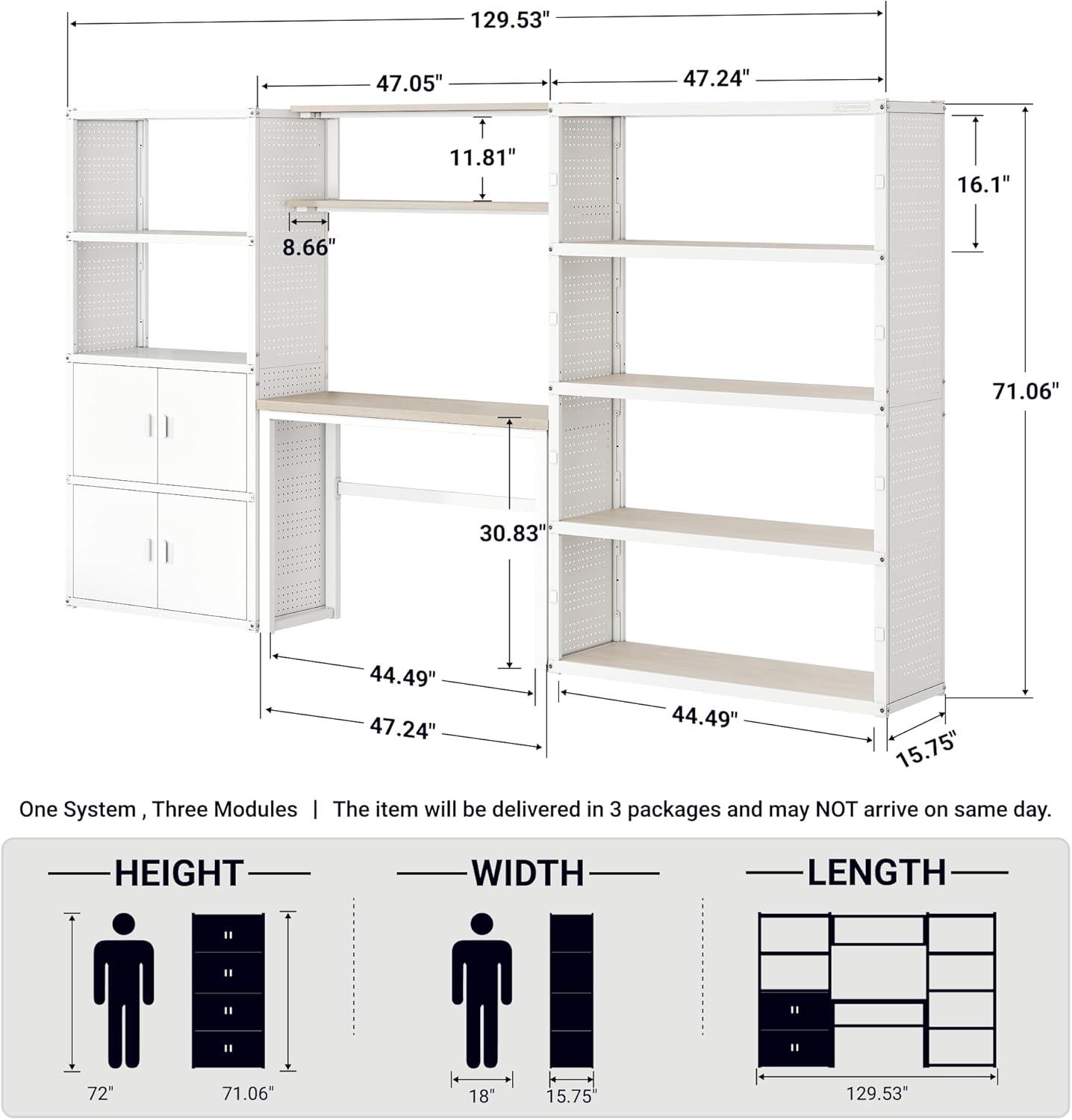 image:imageFLEXIMOUNTS Garage Storage Cabinet System 3in1 Modular Metal Tool Cabinet w Workbench and Metal Board Shelf Includes Pegboard 24Gauge Steel 117L w 8 Doors Black FLEXIMOD SeriesWhite