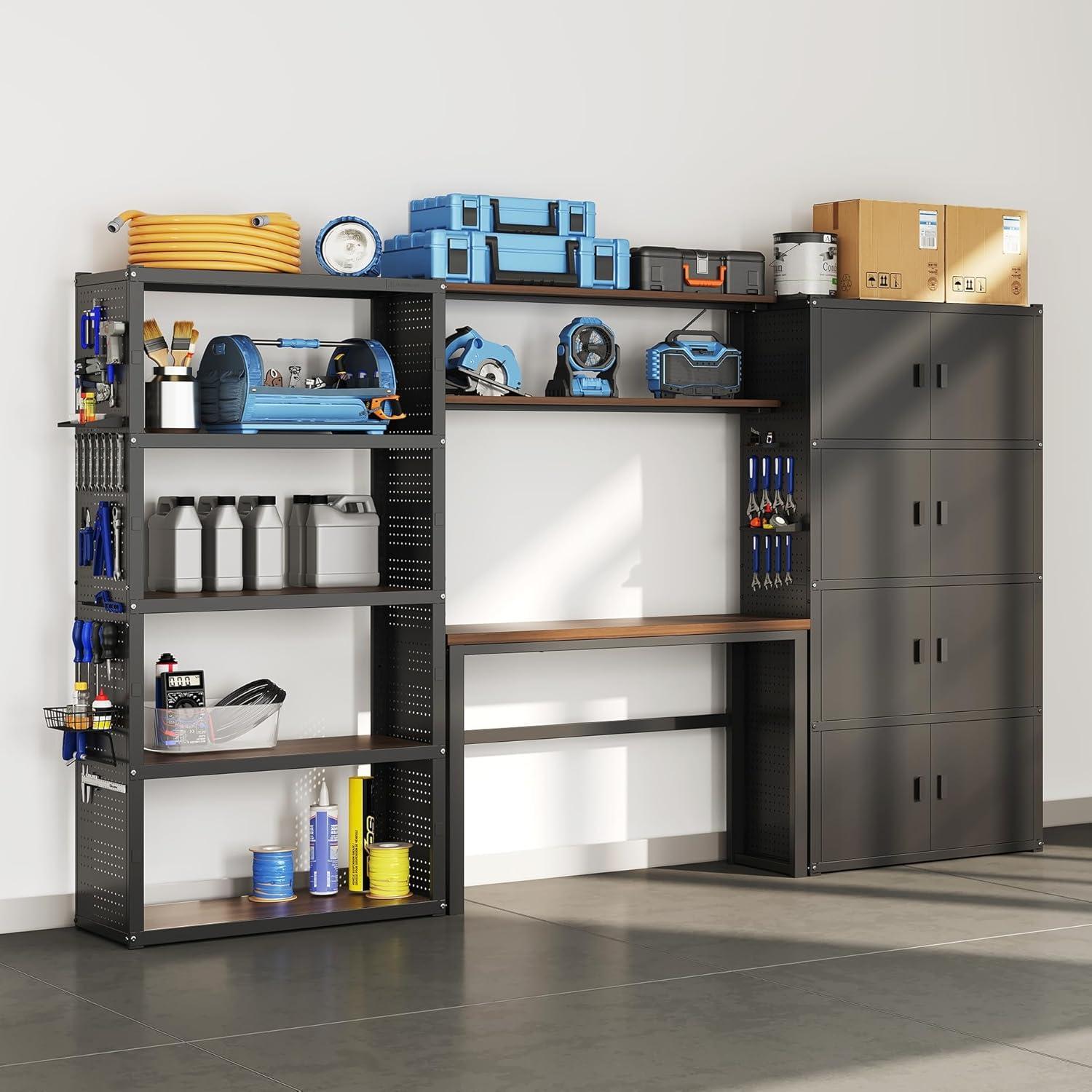 image:imageFLEXIMOUNTS Garage Storage Cabinet System 3in1 Modular Metal Tool Cabinet w Workbench and Metal Board Shelf Includes Pegboard 24Gauge Steel 117L w 8 Doors Black FLEXIMOD SeriesBlack