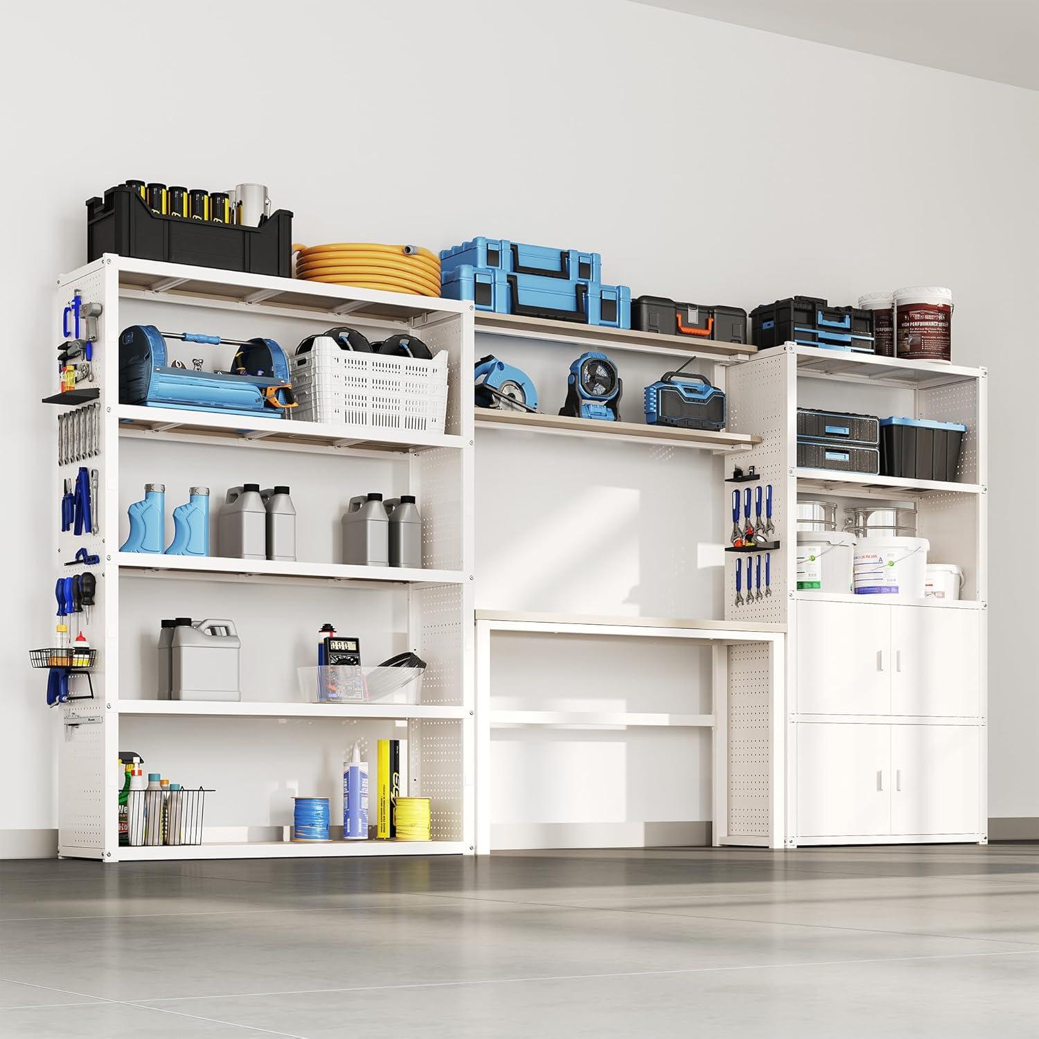image:imageFLEXIMOUNTS Garage Storage Cabinet System 3in1 Modular Metal Tool Cabinet w Workbench and Metal Board Shelf Includes Pegboard 24Gauge Steel 117L w 8 Doors Black FLEXIMOD SeriesWhite