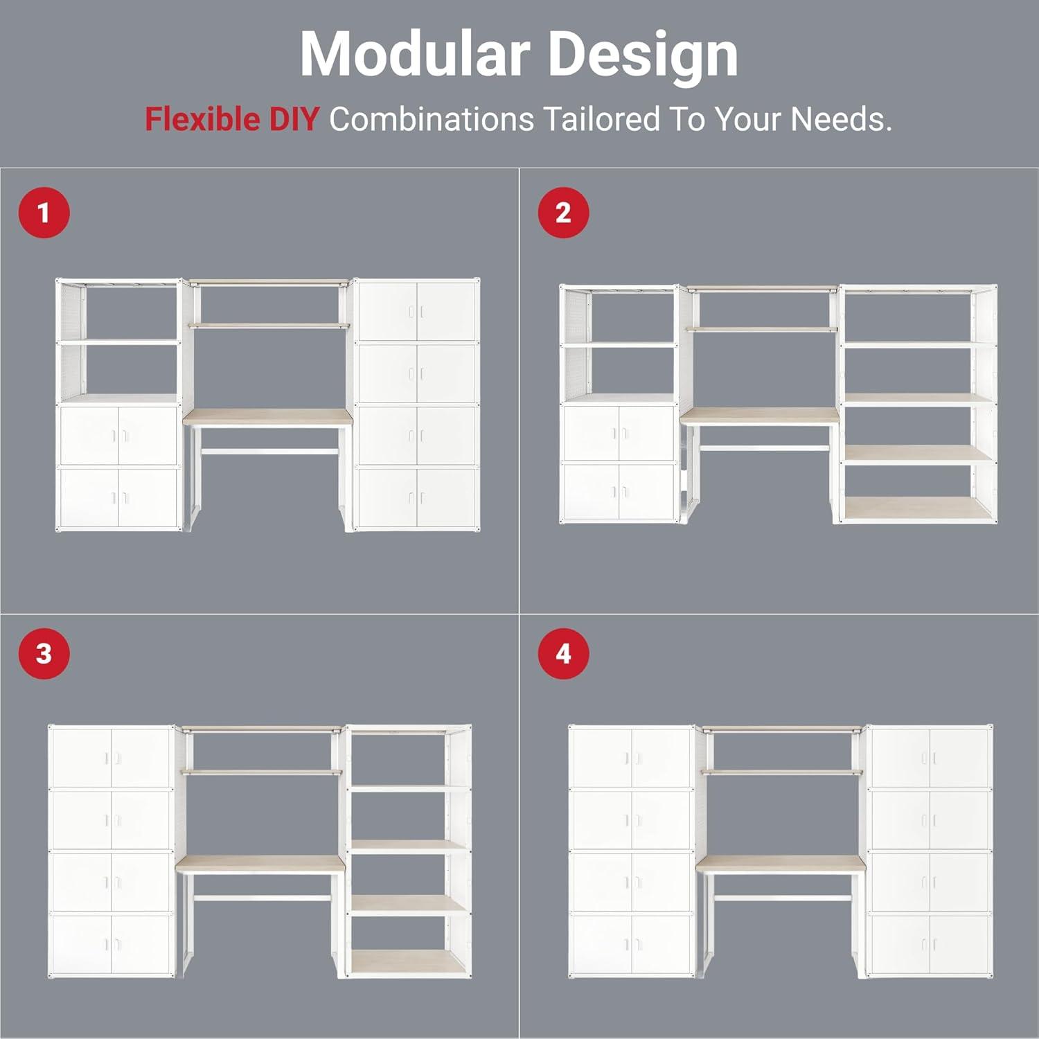 image:imageFLEXIMOUNTS Garage Storage Cabinet System 3in1 Modular Metal Tool Cabinet w Workbench and Metal Board Shelf Includes Pegboard 24Gauge Steel 117L w 8 Doors Black FLEXIMOD SeriesWhite