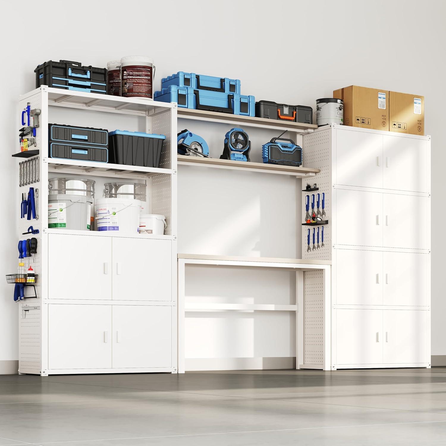 image:imageFLEXIMOUNTS Garage Storage Cabinet System 3in1 Modular Metal Tool Cabinet w Workbench and Metal Board Shelf Includes Pegboard 24Gauge Steel 117L w 8 Doors Black FLEXIMOD SeriesWhite