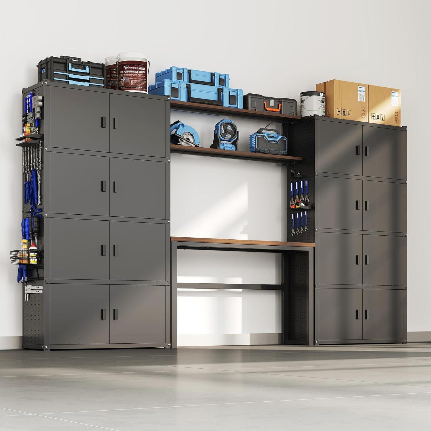 image:imageFLEXIMOUNTS Garage Storage Cabinet System 3in1 Modular Metal Tool Cabinet w Workbench and Metal Board Shelf Includes Pegboard 24Gauge Steel 117L w 8 Doors Black FLEXIMOD SeriesBlack