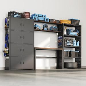 FLEXIMOUNTS Garage Storage Cabinet System, 3-in-1 Modular Metal Tool Cabinet w/ Workbench and Metal Board Shelf Includes Pegboard, 24-Gauge Steel, 117″(L) w/ 8 Doors, Black, FLEXIMOD Series(Black)