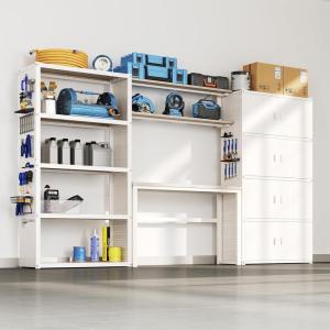 FLEXIMOUNTS Garage Storage Cabinet System, 3-in-1 Modular Metal Tool Cabinet w/ Workbench and Metal Board Shelf Includes Pegboard, 24-Gauge Steel, 117″(L) w/ 8 Doors, Black, FLEXIMOD Series(White)
